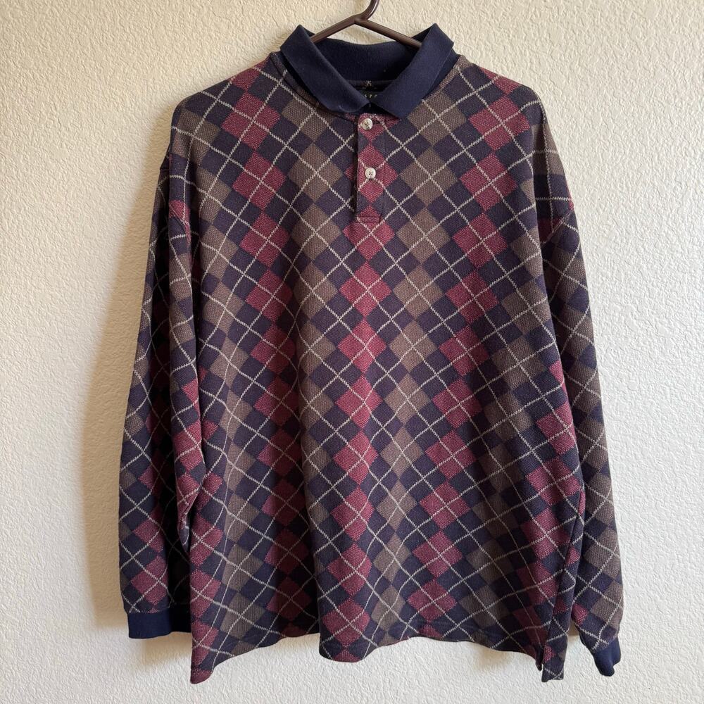 M.E. Sport Argyle Plaid Long Sleeve Polo Dark Academia Preppy Men Size XL